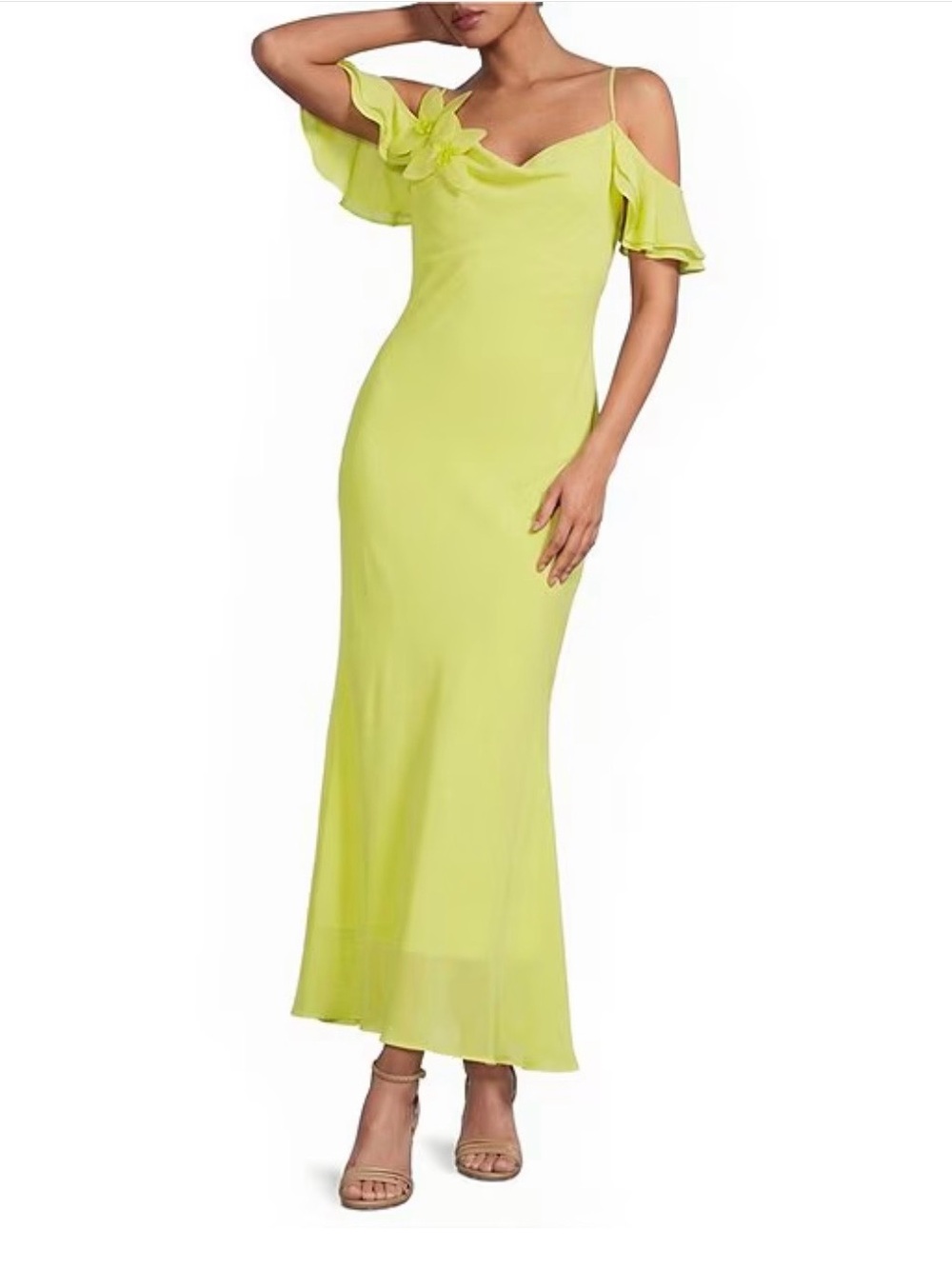 Gianni Bini Lime Cold-Shoulder Maxi Dress with Floral Accent